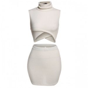 White Knitted Two Piece Skirt Set